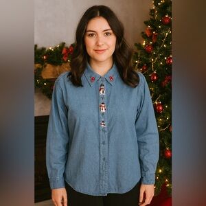 Vintage NORTHERN REFLECTIONS Button Down  Snowman and mittens embroidered. XL